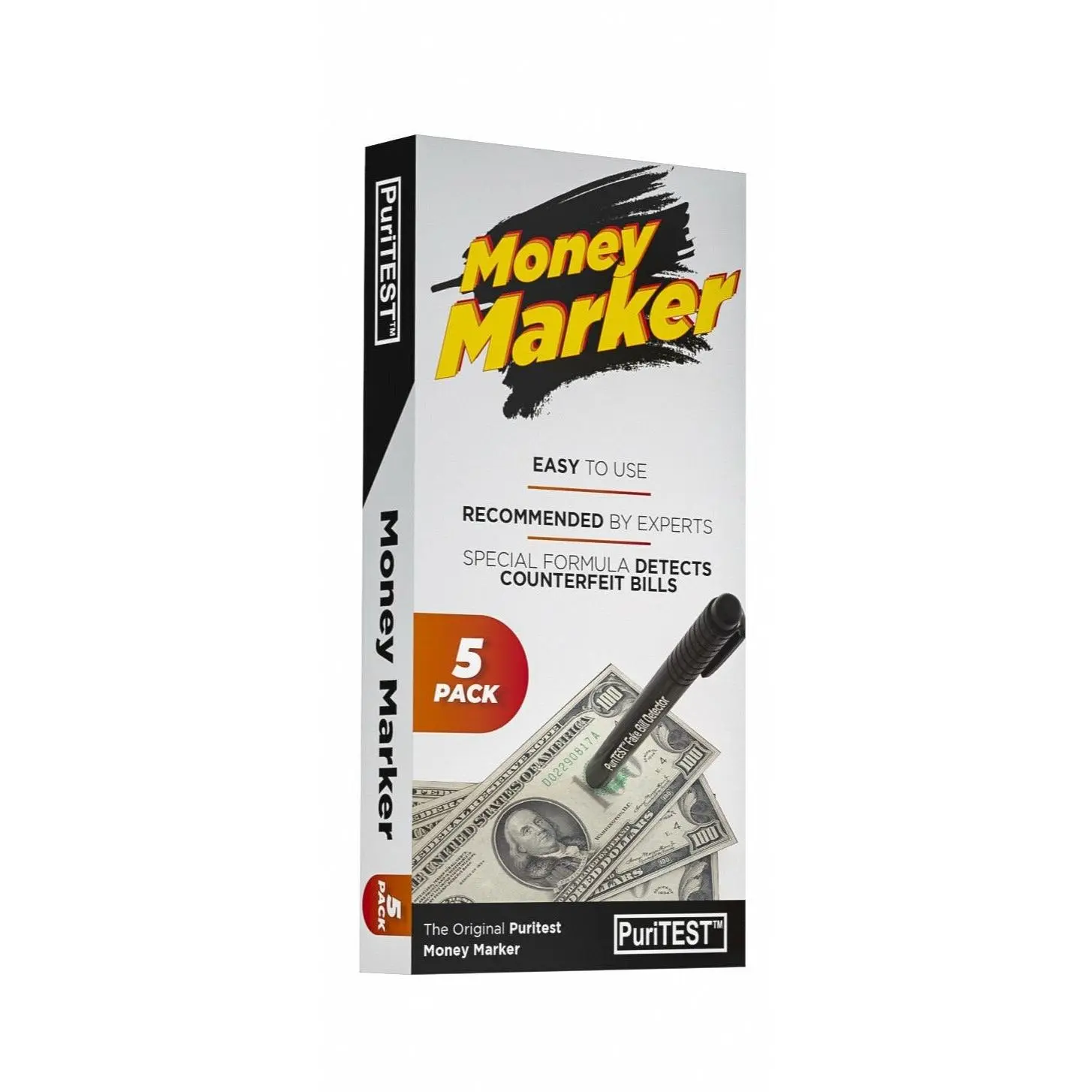PuriTEST 5-Pack Counterfeit Money Detector Pen Marker - Fake Dollar Bill Currency Check Tool, Reliable Stationery Office Supplies for Accounting Professionals