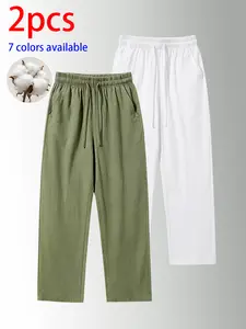 2-pack men’s pure cotton long pants: loose straight casual pants and sweatpants, featuring a drawstring waistband design. Available in multiple colors. Suitable for home lounging, daily commuting, outdoor walks, short trips, camping, and other casual acti