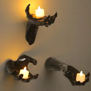 Halloween Decorations, 3 Pack Wall Mounted Creepy Reaching Hands with LED Candles, Life-Sized  Wall Hands for Gothic Wall Decor Outdoor/Indoor (Style 2)