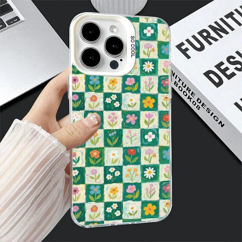 check pattern for use with iPhone 17 air 16 Pro max 15 plus 14 Pro 13/12/11/X/XR/XSMAX hard holographic phone case compatible with Samsung Galaxy S25 ultra S24 plus S23 FE S22/S21 flower fresh gingham aesthetic latest viral