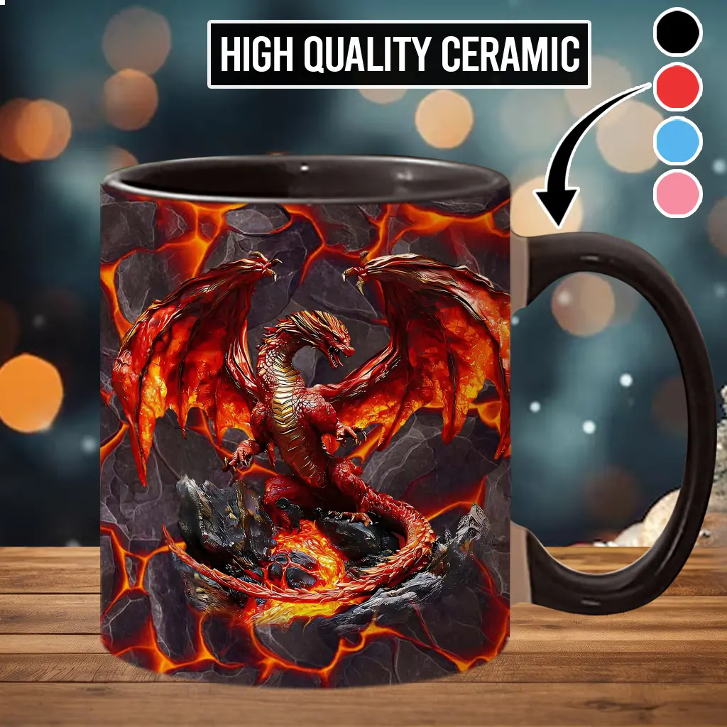 2D Sublimation Fire Dragon Stylish Ceramic Beverage Cup, Washable Drink Mug with Lava Dragon Print - drg7099