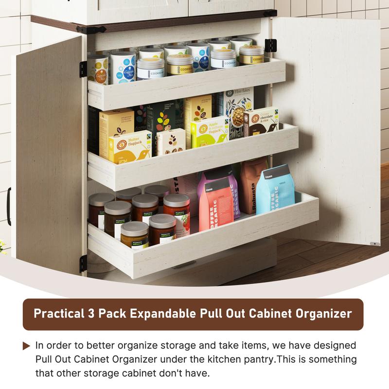 71" with 3 Pack Pull Out Drawers for Cabinets,Farmhouse Storage Cabinet with 6 Door Shelves,with Load-Bearing Steel Pipe,Pantry Organizers for Kitchen,Dining Room, White/brown