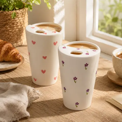12oz Purple Lucky Flower Ceramic Travel Mug - Handmade Whimsical Pottery Tumbler, Non-Toxic Glaze, Sip Hole, Microwave/Dishwasher-Safe, Unique Cool Whimsical Gifts for Adulting Women (Coffee & Tea Use)