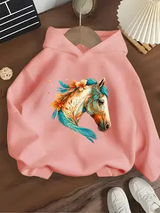 Girls' Floral Horse Hoodie, Artistic Design, Soft Fabric, Casual Style, Unique Fashion, Spring & Fall Wear, Trendy Clothing, Floral Print Hoodie