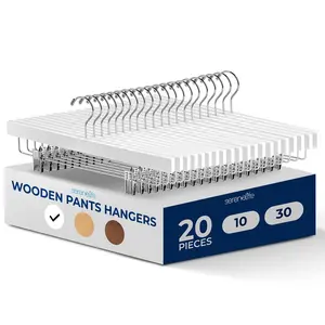 20 Pack Wooden Pants Hangers – White | Heavy Duty, Non-Slip Clips & 360° Swivel Hook – Space Saving Closet Organizer for Jeans, Slacks, Skirts & Shorts – Everyday Use Household Essentials