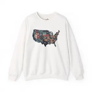 Men's Patchwork American Flag Sweatshirt, USA Denim Map Crewneck, Patriotic Vintage Stars Graphic Tops, Soft Unisex Casual Apparel
