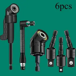6pcs Right-Angle Drill Bit Accessory Set, Including 3 360° Rotatable 1/4, 3/8, 1/2 Inch Impact Grade Socket Adapters, 2 105° Hex Shank Angle Drill Adapters And 90° Bevel Drill Bit, Tool Kit right-angle drill bit accessory set