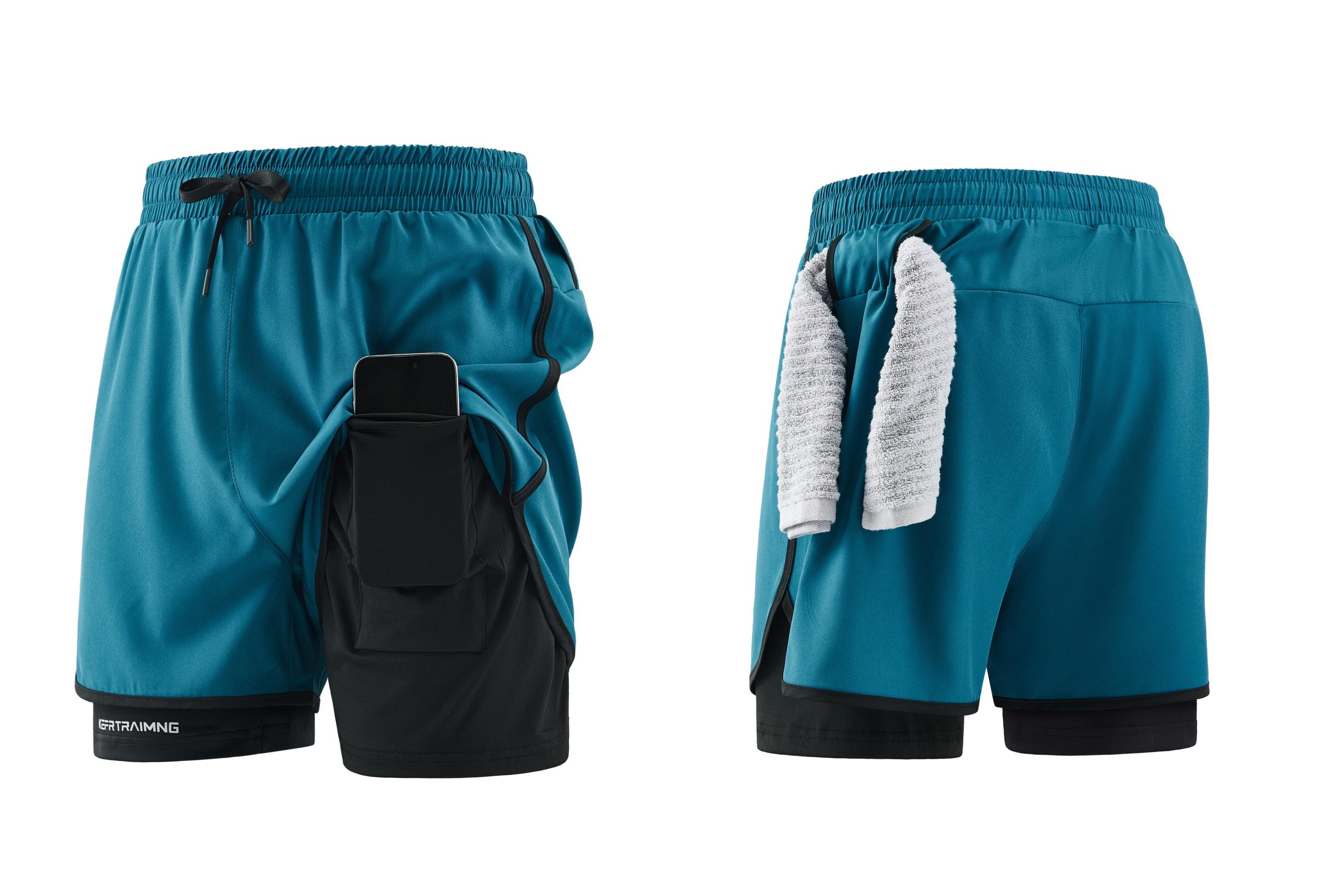 Men’s 5-pack double-layer faux two-piece running shorts with phone pocket and towel loop; quick-drying, breathable, anti-exposure design; lightweight and comfortable; versatile for running, fitness, basketball training, everyday commuting.