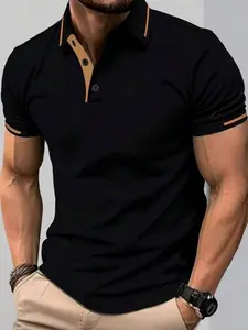 Men's Summer Casual Contrast Trim Button Placket Short Sleeve Polo Shirt Regular Fit Business Commuting Blue 100% Polyester