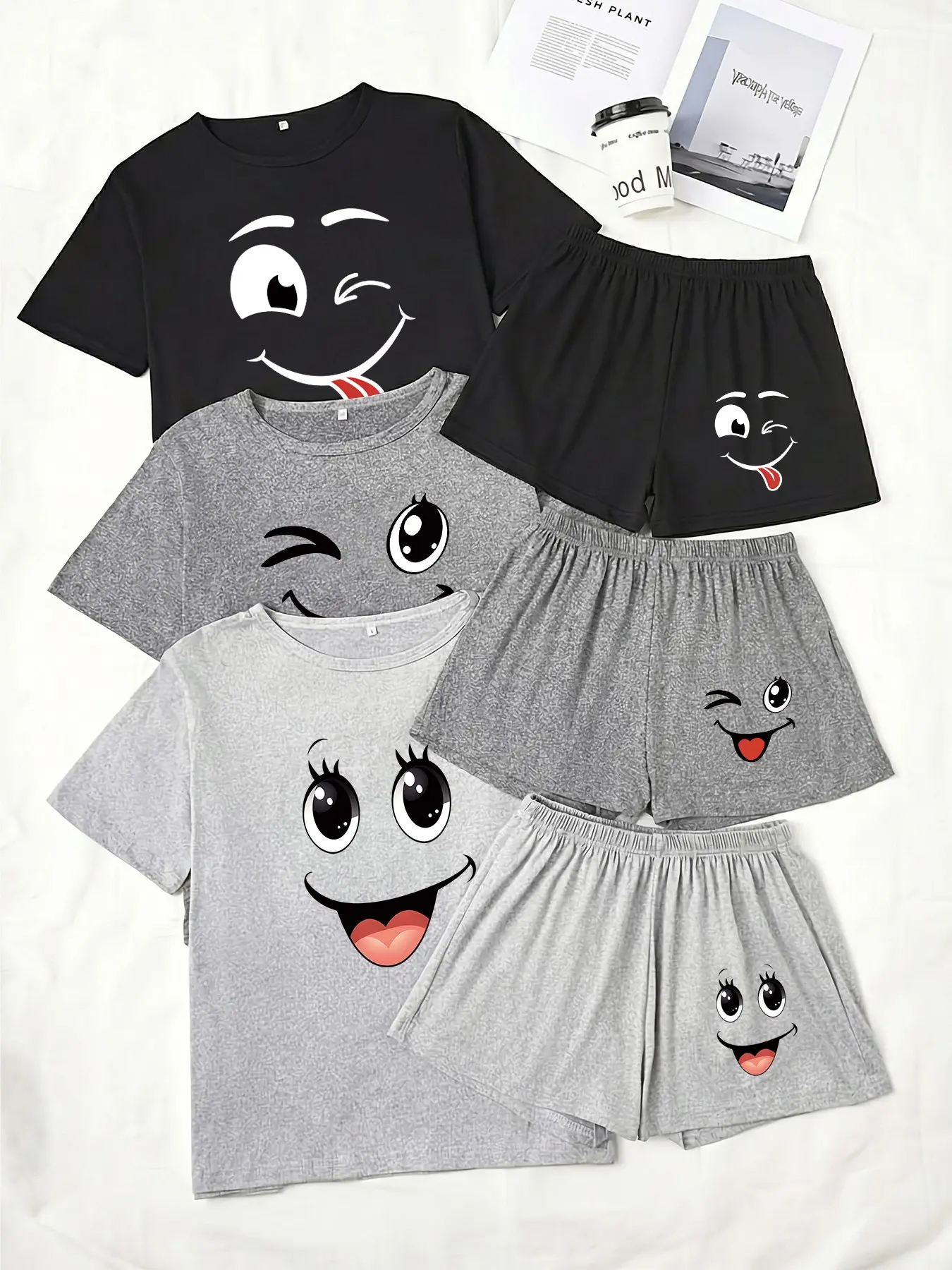 Three Sets Pajama Pjs for Women, Short Sleeve Tee and Shorts, Smiley Face Print, Loose-Fitting Casual Sleepwear, Comfortable Nightwear