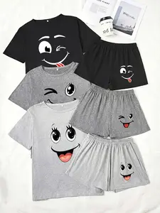 Three-Piece Pajama Set for Women, Short Sleeve and Shorts, Smiley Face Print, Loose-Fitting Casual Sleepwear Loungewear, Comfortable Nightwear Pjs
