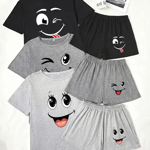 Three Sets Pajama Pjs Pajamas for Women, Short Sleeve Tee and Shorts, Smiley Face Print, Loose-Fitting Casual Sleepwear, Loungewear, Comfortable Nightwear