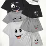 Three Sets Pajama Pjs Pajamas for Women, Short Sleeve Tee and Shorts, Smiley Face Print, Loose-Fitting Casual Sleepwear, Loungewear, Comfortable Nightwear