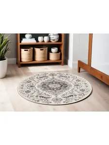 212 MAIN 5 ft. Transitional Floral Medallion Non-Skid Round Rug, Ivory Black & Gray, Round Size, Stain-Proof