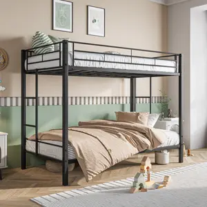 Bunk Bed Twin Over Twin Size with Ladder, Heavy Duty Metal Bunk Bed Frame with Safety Guardrail, Sturdy Twin Size Bunk Beds for Teens & Adults, Storage Space, Black