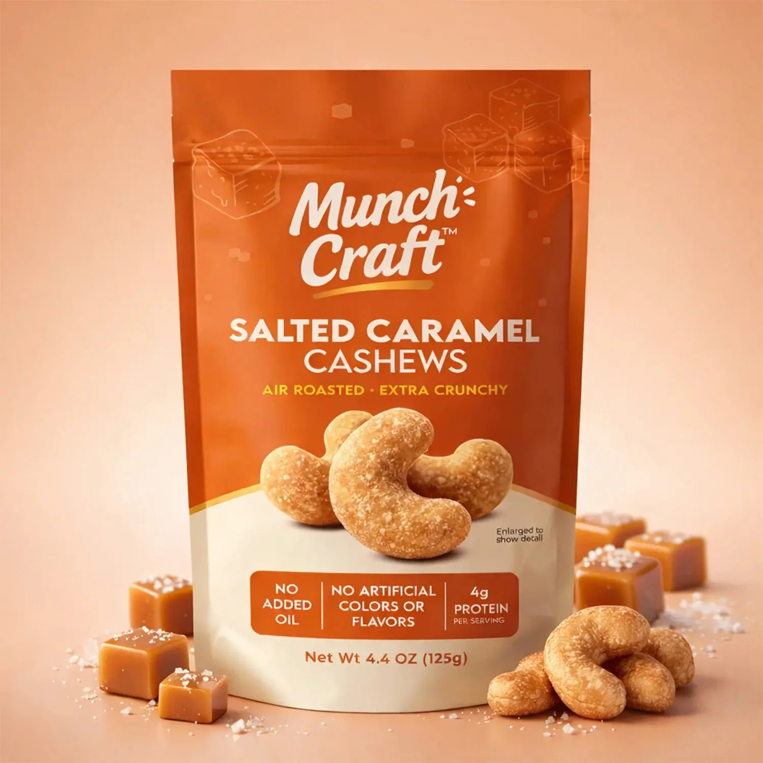Munch Craft Salted Caramel Cashews: Air-Roasted, Extra Crunchy (4.4 oz Pantry Bags)