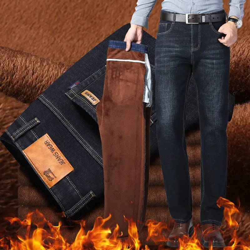 Men's Fleece Lined Denim Jeans Winter Loose Straight Leg Warm Casual Pants Thickened Thermal Comfortable Machine Washable Men's Clothing