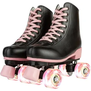Women's High-Top PU Leather Roller Skates Four-Wheel Shiny Unisex Skates for Girls