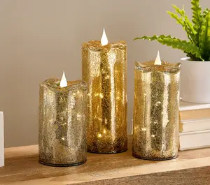 Set of 3 Illuminated Crackle Glass Candles, Six-hour on-18-hour off timer function. NEW