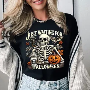 Just Waiting for Halloween Sweatshirt, Halloween Tee, Funny Halloween Shirt, Skeleton Halloween, Skeleton Dancing Shirt, Tis The Season Tee 8