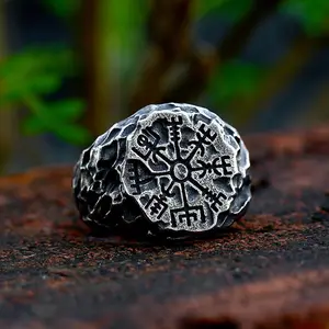 GTHIC Vegvisir Ring - Stainless Steel Viking Compass Jewelry, Norse Magic Symbol for Daily Wear