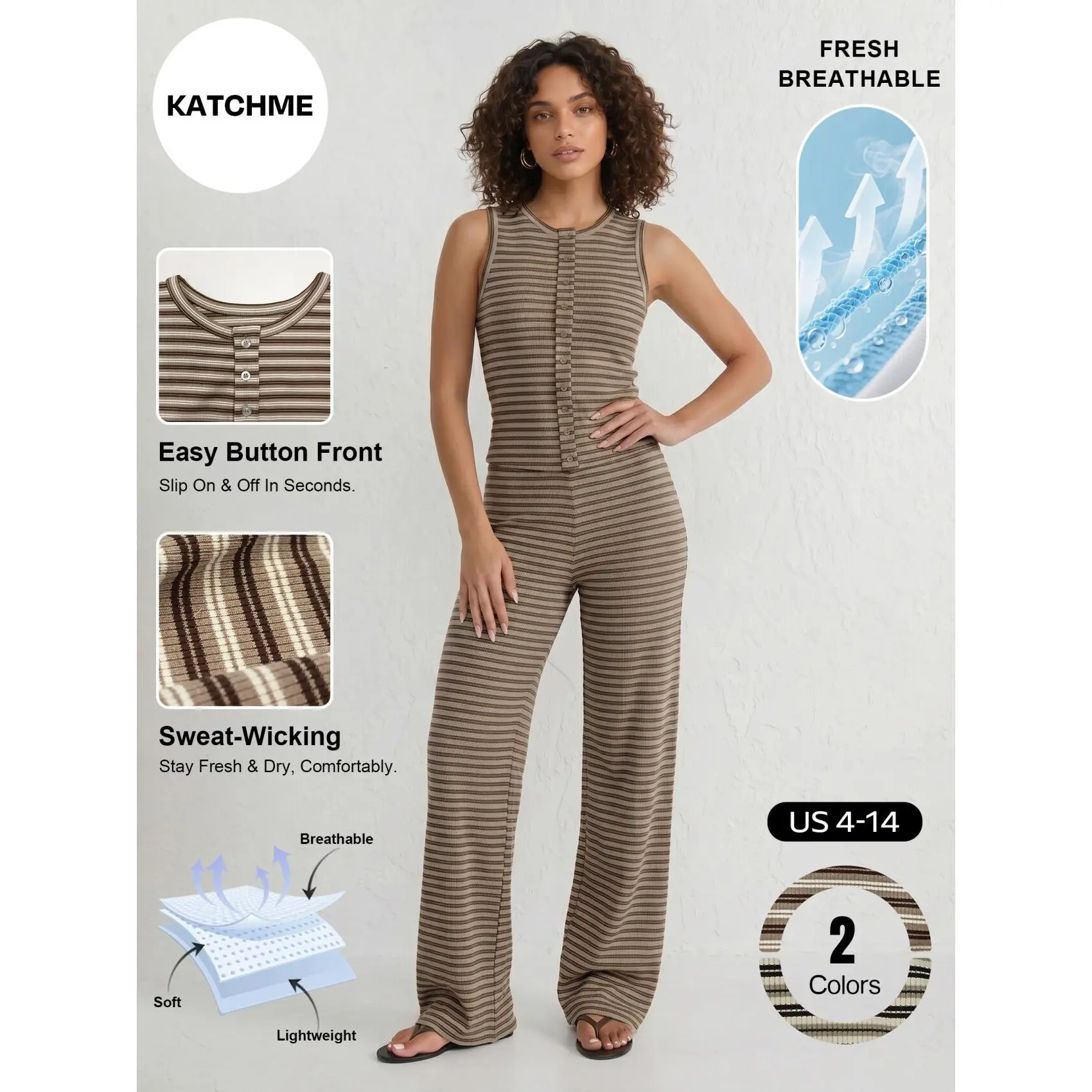 Katch Me Women's Versatile Striped Button-Up Flattering Tank Top & Wide Leg Trousers Co-ord, Basic Sleeveless Breathable Pill Resistant Two Piece Sets, Wrinkle-Resistant Going Out Outfit