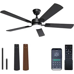 Ceiling Fan with Light, 52 inch Flush Mount Ceiling Fan with Lights and Remote, Dimmable LED Fan Light, Low Profile Ceiling Fan, Black Modern Ceiling Fan for Bedroom, Indoor/Outdoor