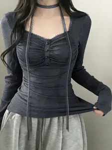 Women's Slim Fit Lace Patchwork Long Sleeve Top, Square Neck Contrast Binding Spring New College Style Casual Blouse, Womenswear