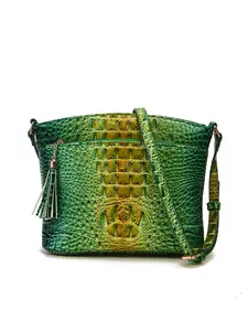 Green Crocodile Embossed Crossbody Bag for Women, Trendy Glossy Bucket Shoulder Purse with Tassel, Lightweight Casual Sling Bag for Daily Travel Work