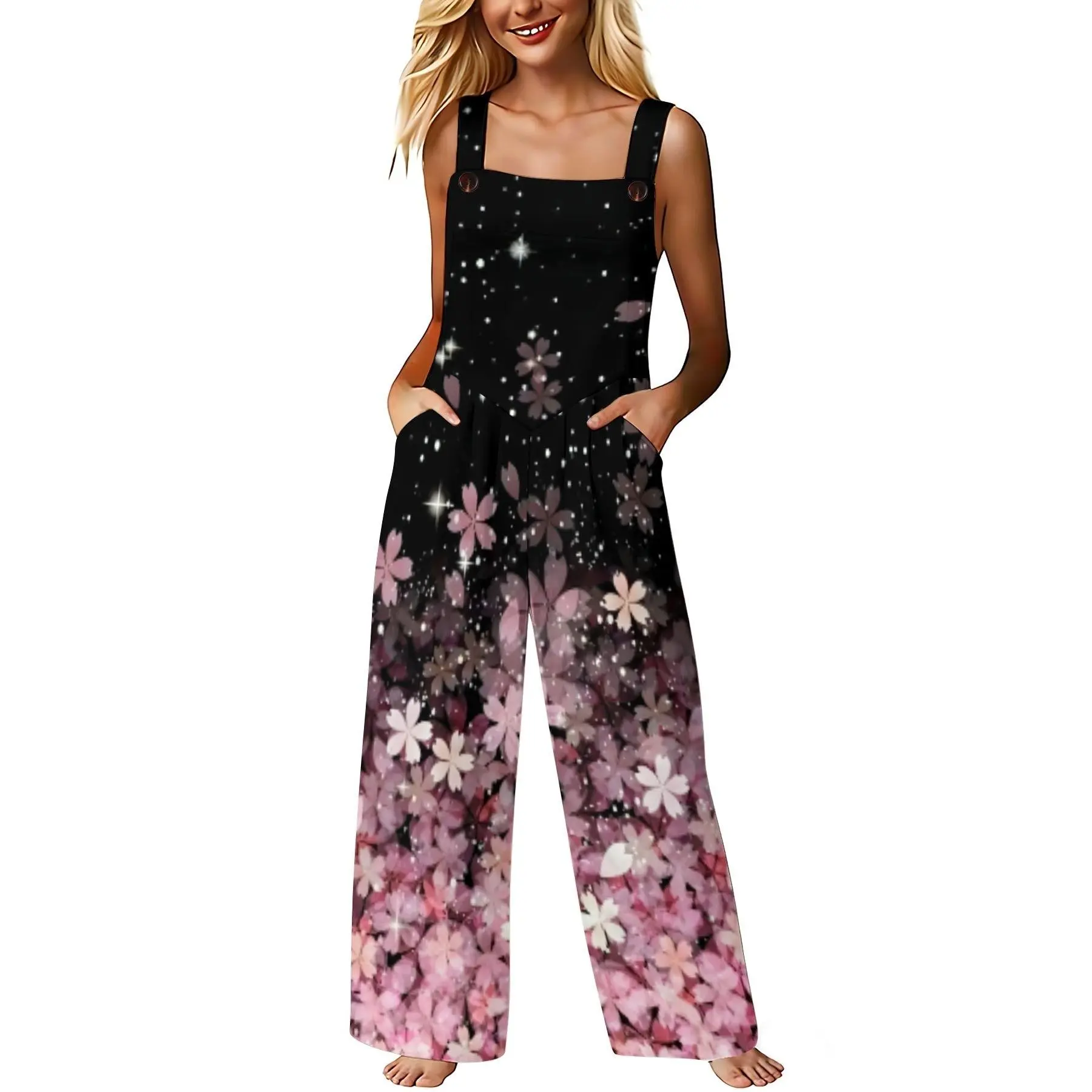 2026 Summer Womens Black Base Watercolor Floral Print Spaghetti Strap Wide Leg Jumpsuit With Pockets Boho Casual Beach Vacation Overalls
