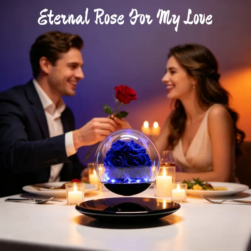 Magnetic Floating Rose - 12-15mm Blue Eternal Dried Flowers with LED Light, Novelty Lighting for Adults, Romantic Gift for Anniversaries Weddings, Home Improvement Decor (LED Display Screen Feature Included)