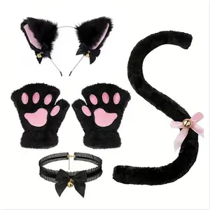 4-Piece Fluffy Cat Cosplay Accessories Set - Plush Fabric Cat Ears Headband, Tail, Paw Gloves Costume Kit That Fits Halloween Party Needs
