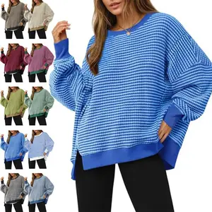 Women's Fall Fashion Oversized Sweatshirt Casual Cozy Waffle Knit Long Sleeve Crewneck Split Pullover Tops Womenswear Hoodie Knitwear Knitting