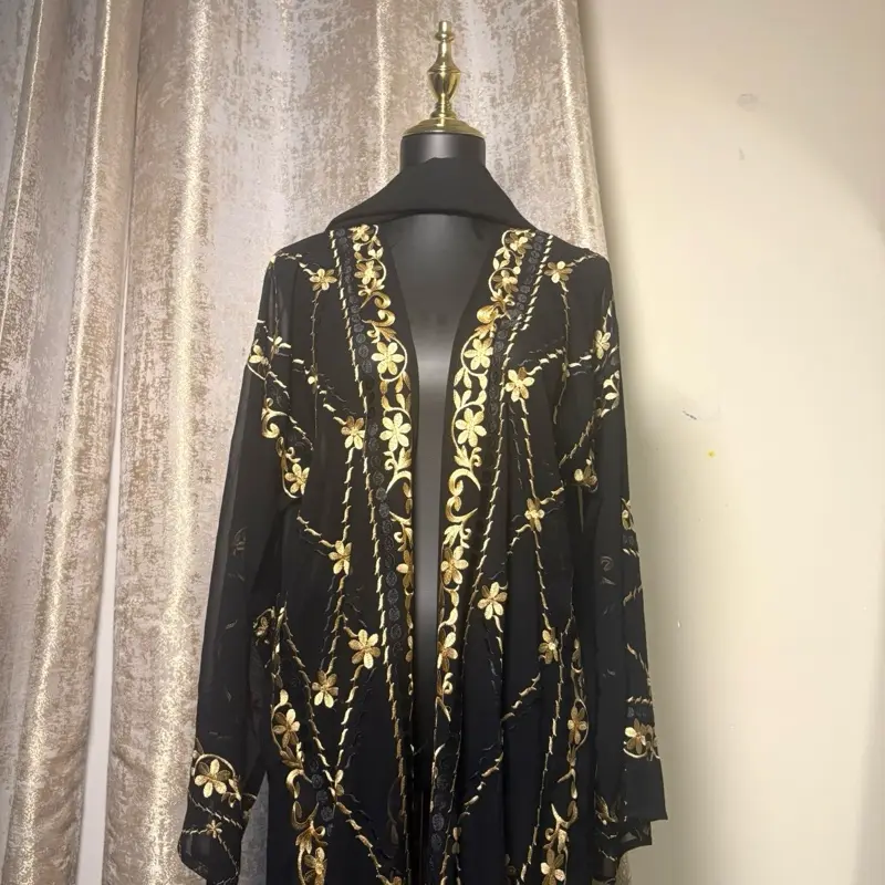 Golden Floral Embroidered Chiffon Abay