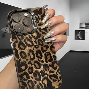 Black Luxury Leopard Print New TPU Anti-Drop Design Metal Button Precision Cutout Cheetah Pattern Creative Fashion High-End Phone Case for iPhone 14 15 Pro Max 11 12 13 SE 7 8 Plus X XR XS MAX, Soft Shockproof Protective Cover Protection Protector