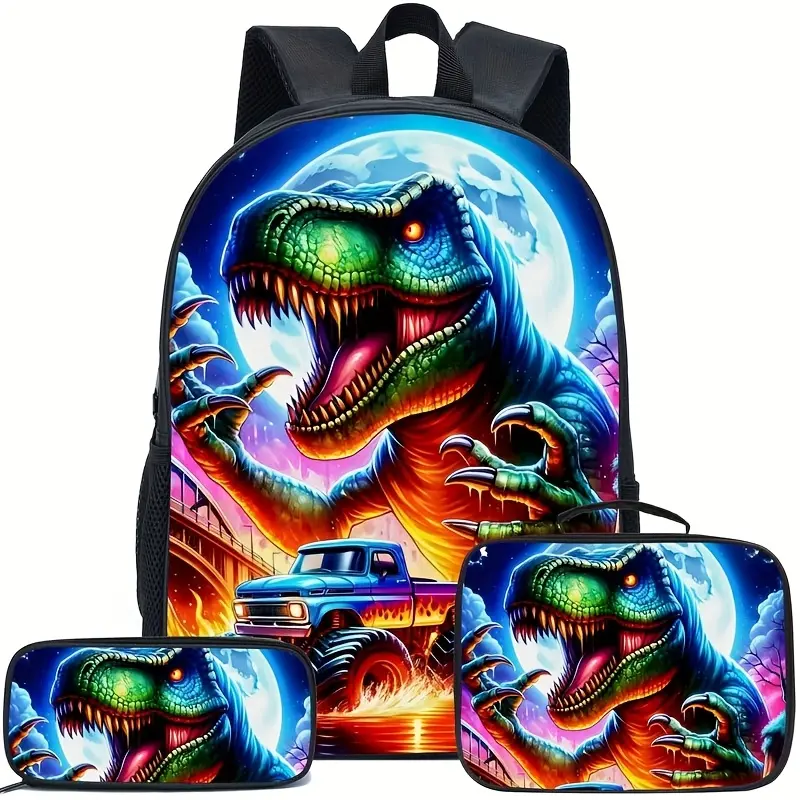 T-Rex Dinosaur Monster Truck 3PCS Backpack Set, Durable 600D Oxford Cloth School Bag Adjustable Breathable Strap,  for Kids Teens School Travel Outdoor