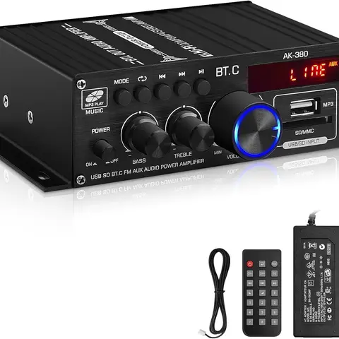 AK-380 2.0 CH HiFi Stereo Audio Power Amplifier (400W+400W) with Bluetooth 5.0, USB, SD, FM, AUX, 12V 5A Power Supply, Remote Control for Cars, Projectors, Tablets, Notebooks, TVs