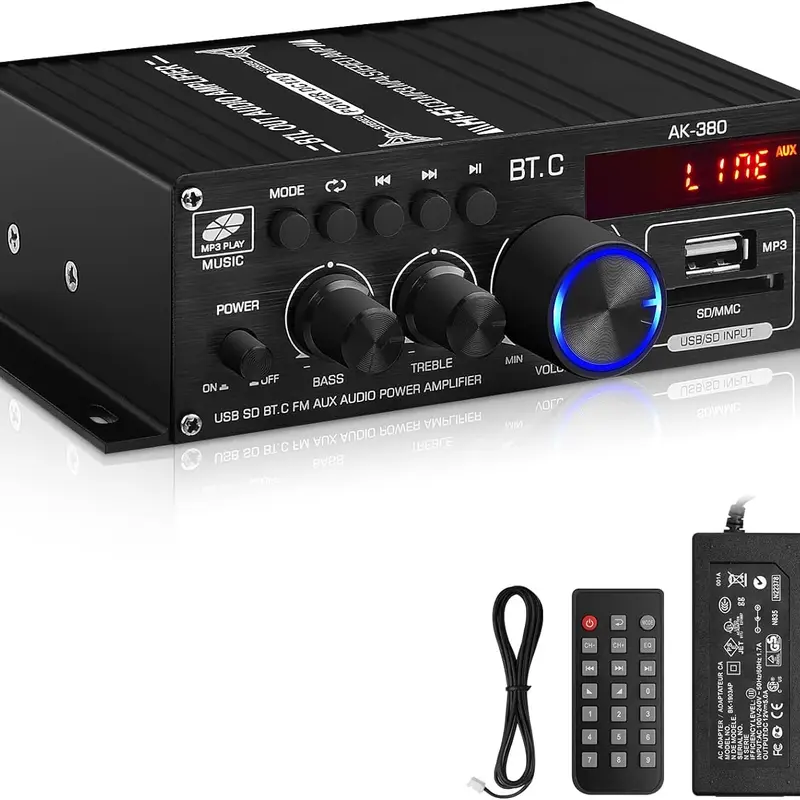 AK-380 2.0 CH HiFi Stereo Audio Power Amplifier (400W+400W) with Bluetooth 5.0, USB, SD, FM, AUX, 12V 5A Power Supply, Remote Control for Cars, Projectors, Tablets, Notebooks, TVs