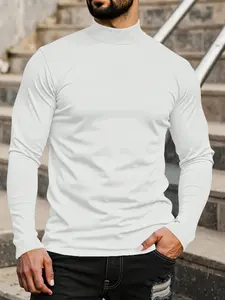 New Men's Solid High Neck Long Sleeve Casual T-Shirt, Mens Fall And Winter Base Shirt, Men Turtleneck, Mock Neck Men, Casual Tops Men