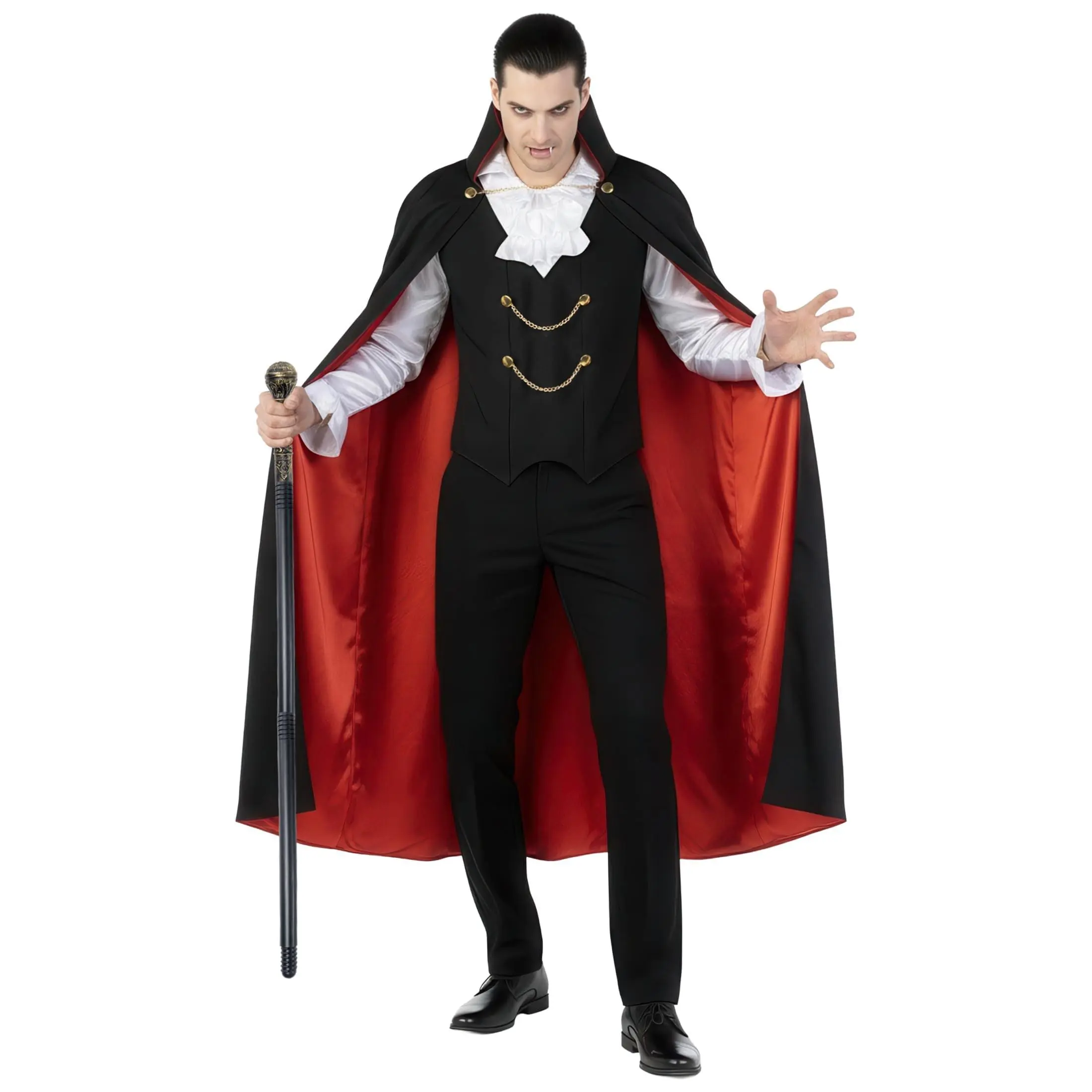 Men's Adult Dracula Vampire Costume Halloween Party Cosplay Outfit - Lightweight Breathable Polyester Gothic Attire with Cape & Cane, Comfortable Fit M-XXL
