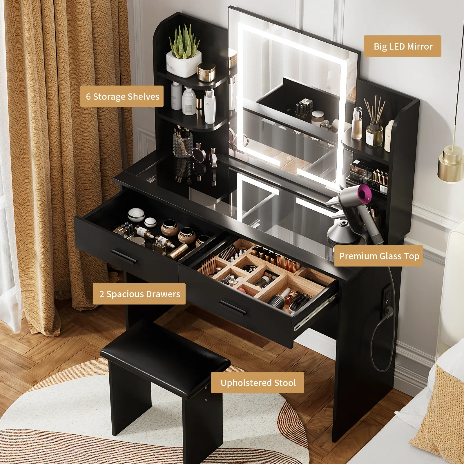 Black with glass top and outlet