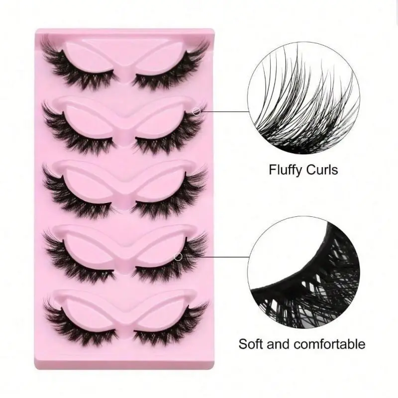 Fluffy Curls Cat Eye Lashes 5 Pairs Faux Mink Crisscross 3D Multilayered Dramatic False Eyelashes Set with Pink Storage Case for Bold Eye Look Skin Care Korean Hair