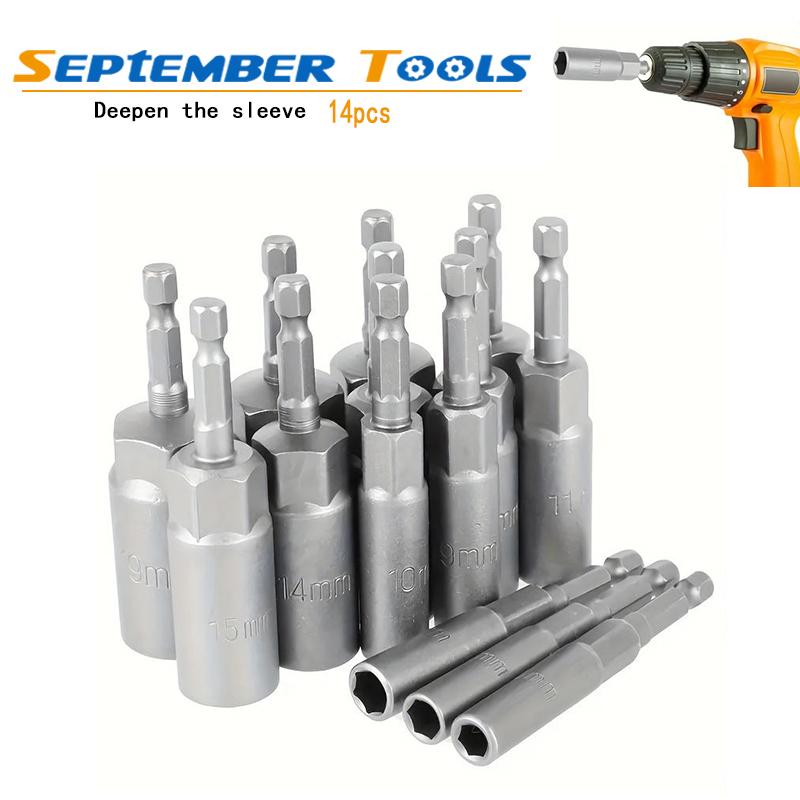 14Pcs 6-19mm Deep Socket Adapter Set Hex Shank Nut Driver Bits Set Nut ...