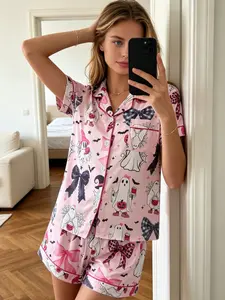 Women's Pajamas & Loungewear 2 Piece Set 2026 Trendy Light Pink Cartoon Ghosts Bows Bats Spider Webs Stars Pink Trim Summer Button Down Short Sleeve Shorts Milk Silk Silky Breathable Loose Fit Comfortable Sleepwear Homewear All Day Wear for Women
