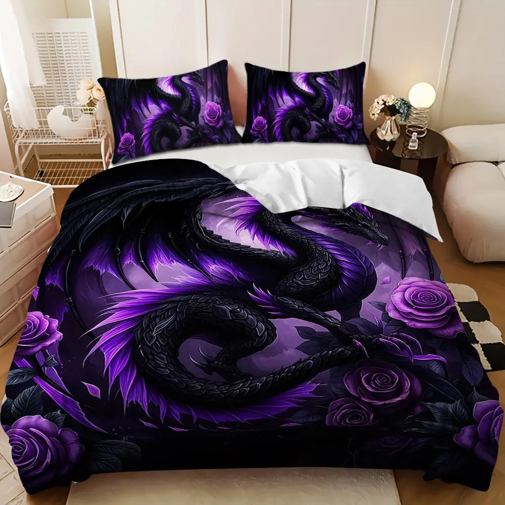 Bedding 3-piece set - 3PCS,Purple and black dragon with purple rose design down comforter set (1 comforter cover + 2 pillowcases, filling not included). soft and comfortable, suitable for family bedrooms, Theme Bedding Set