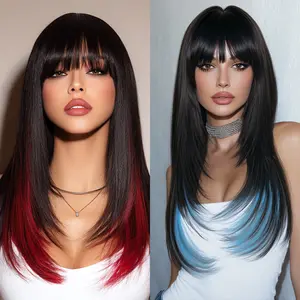 SMILCO/26Inch Ombre Black Ash Red Wolf Cut Long Straight Synthetic Wig/SM453