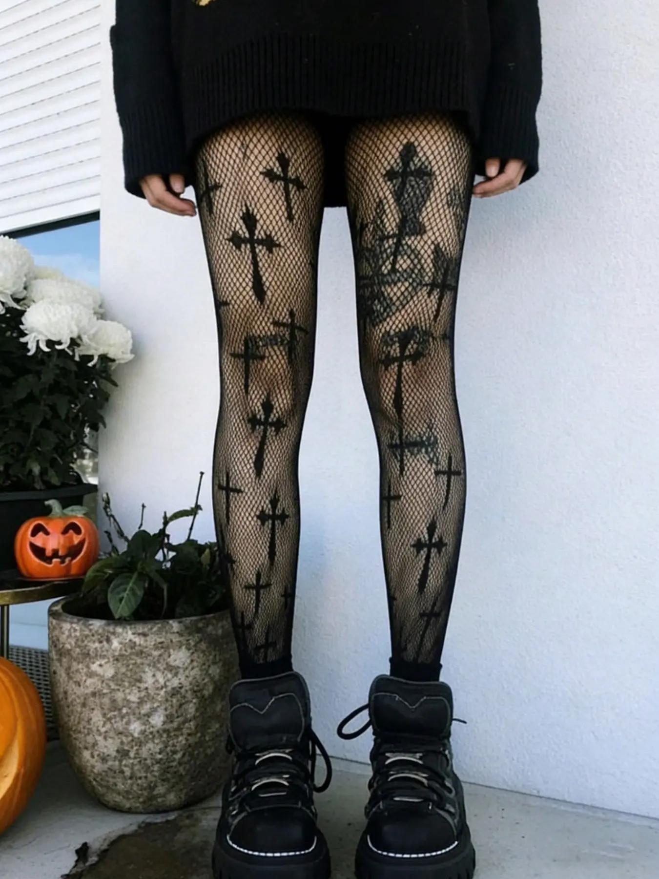 Women's Dark Punk Gothic Cross Pattern Fishnet Thigh High Stockings, Elegant Slim-Fitting Geometric Design, All-Season Sheer Pantyhose