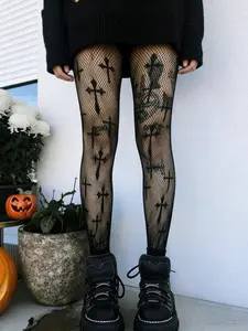 Women's Punk Gothic Cross Pattern Fishnet Thigh High Stockings Tights, Elegant Slim-Fitting Geometric Design, All-Season Sheer Pantyhose