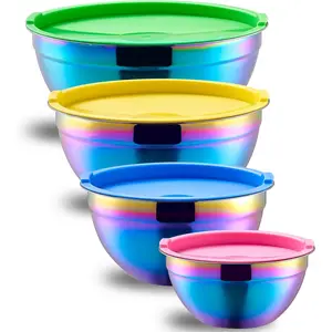 Rainbow Mixing Bowls With Airtight ,Stainless Steel Bowl,Salad Bowls 4 count Colorful Nesting Bowl Rainbow Kitchen Accessories,Size 5.5,3.6,2.1,1.5 QT Stackable Design