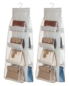 2 Packs Hanging Handbag Purse Organizer for Closet, 8 Pockets Space Saving Purse Storage Organizers, Wardrobe Bag Organizer Pocketbook Organizer, 45.7 L x 14.1W (2 Light Gray)